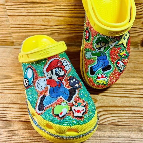 Super Mario Brothers Crush Platform Wedge Yellow Full Bling Crocs NWOB - Picture 8 of 10